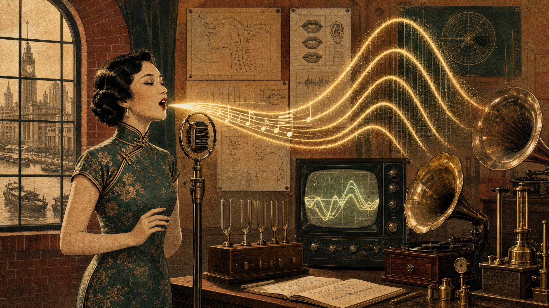 1930年代上海声学实验室，旗袍歌者对丝带话筒发声，金色声波化作声调曲线，留声机号角与示波器环绕