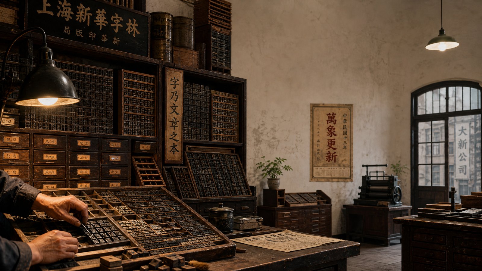 老上海活字印刷字林局，排字工人在字架前拣字