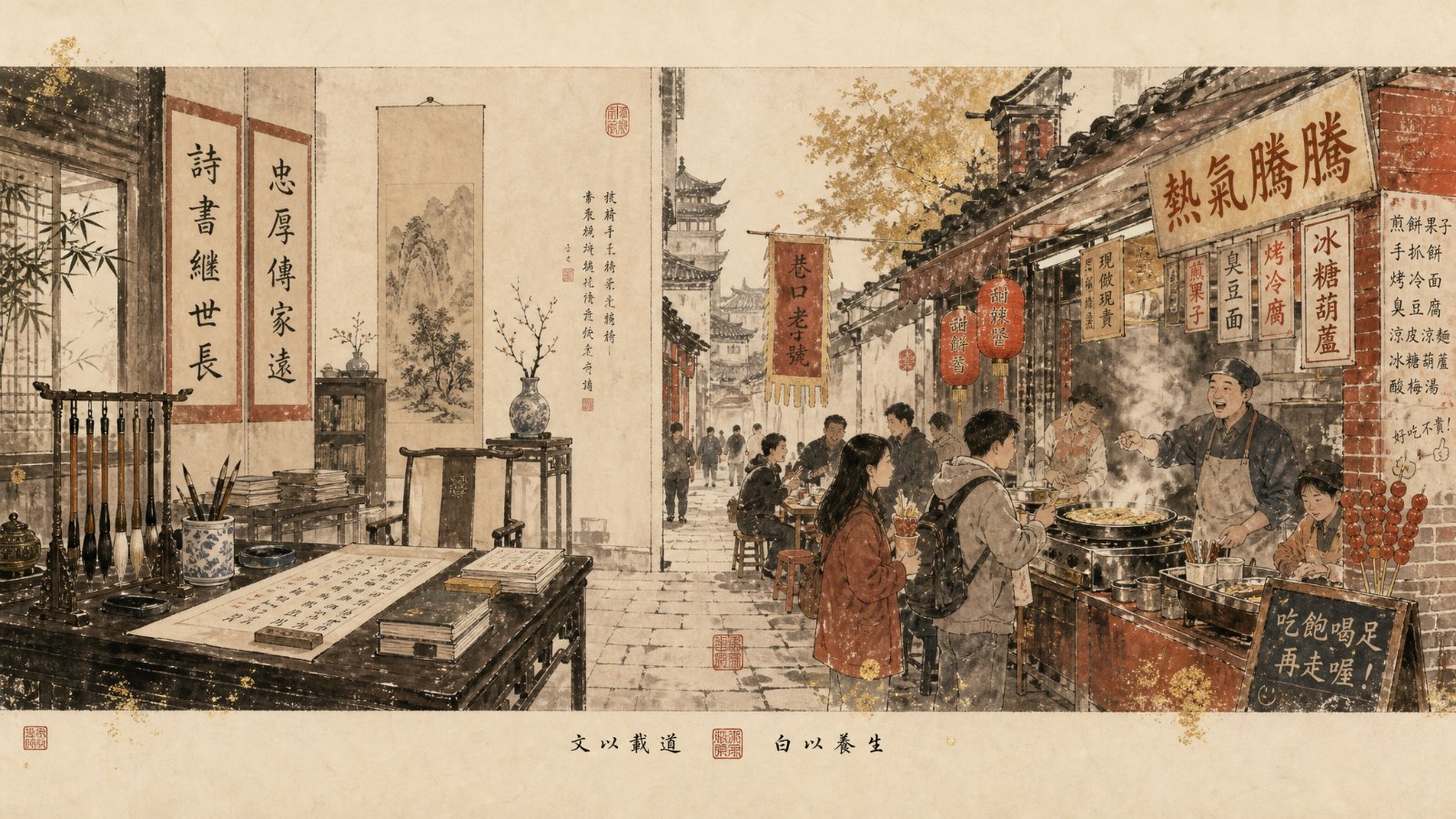 文人书斋与市井小吃摊的一字长卷对照